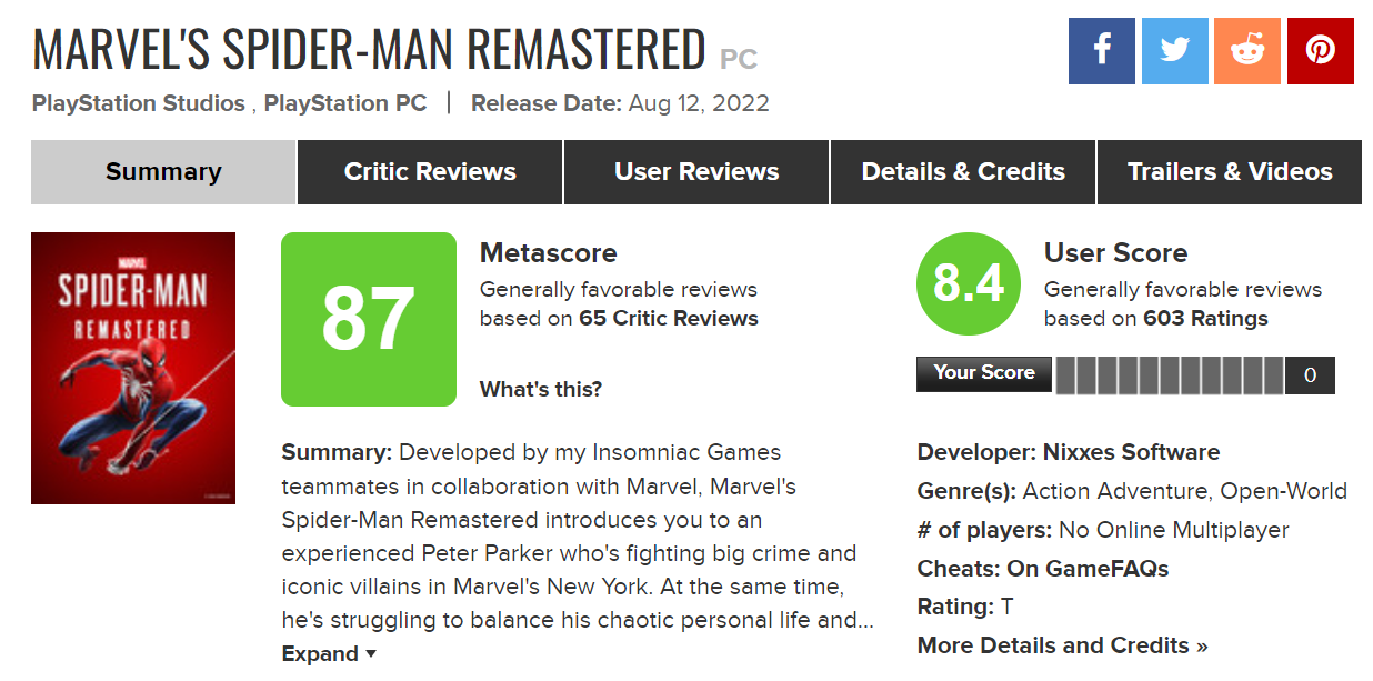 Marvel's Spider-Man PC Metacritic